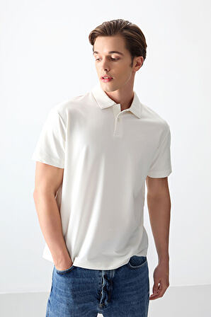 Ekru Pamuklu Kalın Yumuşak Dokulu Polo Yaka Oversize Fit Basic Erkek T- Shirt - 88381