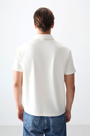Ekru Pamuklu Kalın Yumuşak Dokulu Polo Yaka Oversize Fit Basic Erkek T- Shirt - 88381
