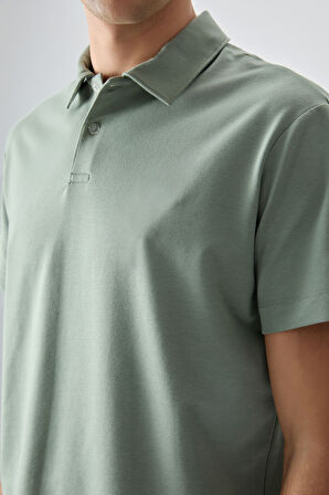 Açık Yeşil Pamuklu Kalın Yumuşak Dokulu Polo Yaka Oversize Fit Basic Erkek T-Shirt - 88381