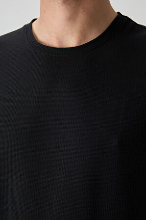 Siyah Waffle İnterlok Yüzeyi Dokulu Oversize Fit Basic Erkek T-Shirt - 88379