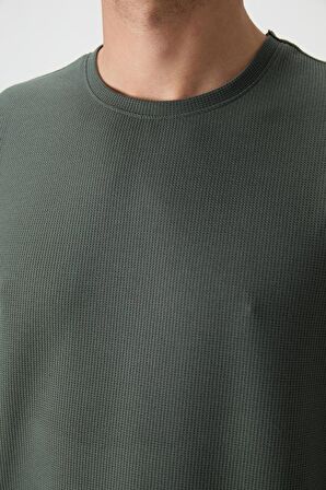 Haki Waffle İnterlok Yüzeyi Dokulu Oversize Fit Basic Erkek T-Shirt - 88379
