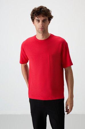 Kırmızı Waffle İnterlok Yüzeyi Dokulu Oversize Fit Basic Erkek T-Shirt - 88380 | L