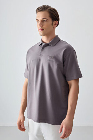 Koyu Gri Pamuklu Kalın Yumuşak Dokulu Polo Yaka Oversize Fit Basic Erkek T- Shirt - 88382