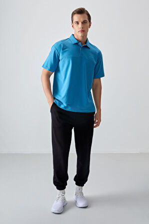 Petrol Mavi Pamuklu Kalın Yumuşak Dokulu Polo Yaka Oversize Fit Basic Erkek T- Shirt - 88382