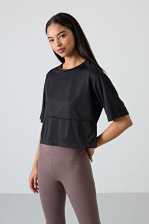 Siyah Polyester Nefes Alan Dokulu İnce Esnek Oversize Fit Performans Kadın T-Shirt - 97284