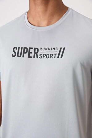 Gri Polyester Nefes Alan Dokulu İnce Esnek Standart Fit Erkek Performans T-Shirt - 88385