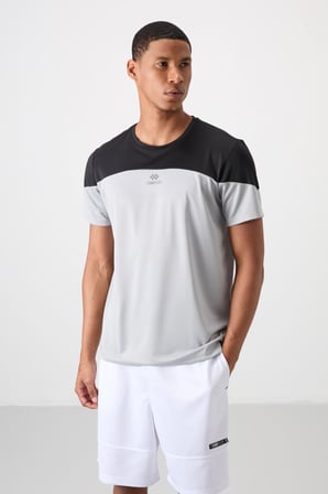 Gri Polyester Nefes Alan Dokulu İnce Esnek Standart Fit Erkek Performans T-Shirt - 88386