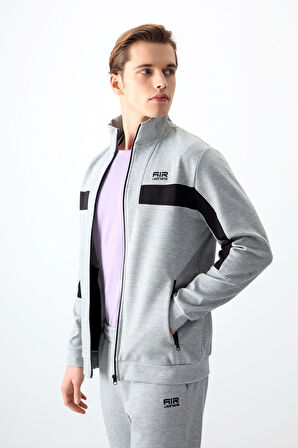 Gri Melanj Yüzeyi Dokulu Standart Fit Nakışlı Erkek Eşofman Takım - 85248