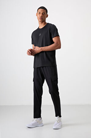 Siyah Polyester Nefes Alan Dokulu İnce Esnek Standart Fit Erkek Performans T-Shirt - 88387