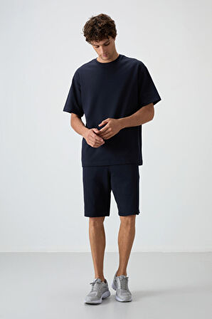Lacivert Pamuklu Kalın Yumuşak Dokulu Oversize Fit Basic Erkek Şort Takım - 85249