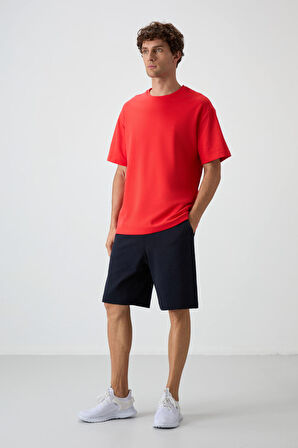 Fiesta - Lacivert Pamuklu Kalın Yumuşak Dokulu Oversize Fit Basic Erkek Şort Takım - 85249