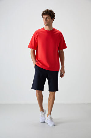 Fiesta - Lacivert Pamuklu Kalın Yumuşak Dokulu Oversize Fit Basic Erkek Şort Takım - 85249
