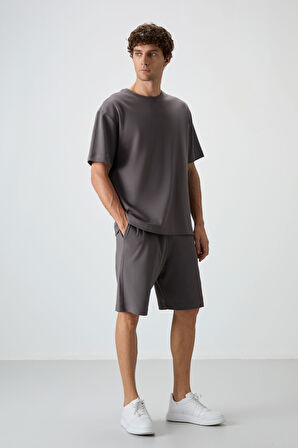 Koyu Gri Pamuklu Kalın Yumuşak Dokulu Oversize Fit Basic Erkek Şort Takım - 85249