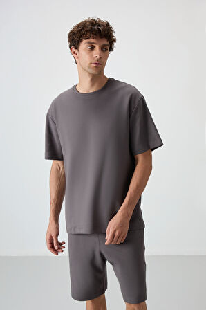 Koyu Gri Pamuklu Kalın Yumuşak Dokulu Oversize Fit Basic Erkek Şort Takım - 85249