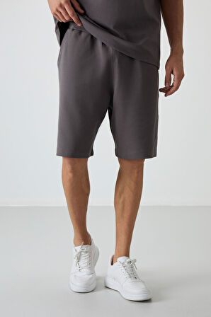 Koyu Gri Pamuklu Kalın Yumuşak Dokulu Oversize Fit Basic Erkek Şort Takım - 85249