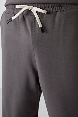 Koyu Gri Pamuklu Kalın Yumuşak Dokulu Oversize Fit Basic Erkek Şort Takım - 85249