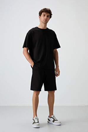 Siyah Pamuklu Kalın Yumuşak Dokulu Oversize Fit Basic Erkek Şort Takım - 85249