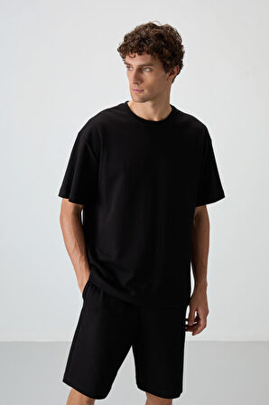 Siyah Pamuklu Kalın Yumuşak Dokulu Oversize Fit Basic Erkek Şort Takım - 85249