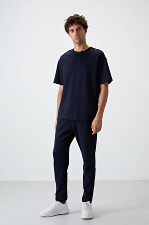 Lacivert Pamuklu Kalın Yumuşak Dokulu Oversize Fit Basic Erkek Eşofman Takım - 85251 | XXL