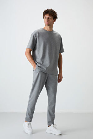 Gri Melanj Pamuklu Kalın Yumuşak Dokulu Oversize Fit Basic Erkek Eşofman Takım - 85251 | S