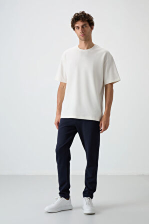Ekru - Lacivert Pamuklu Kalın Yumuşak Dokulu Oversize Fit Basic Erkek Eşofman Takım - 85251 | S