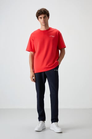 Fiesta - Lacivert Pamuklu Kalın Yumuşak Dokulu Oversize Fit Nakışlı Erkek Eşofman Takım - 85252