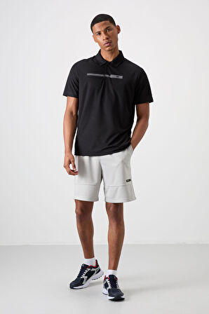 Siyah Polyester Nefes Alan Dokulu İnce Esnek Standart Fit Polo Yaka Erkek Performans T-Shirt - 88393