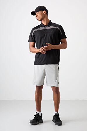 Siyah Polyester Nefes Alan Dokulu İnce Esnek Standart Fit Polo Yaka Erkek Performans T-Shirt - 88392