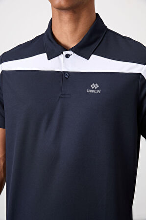Lacivert Polyester Nefes Alan Dokulu İnce Esnek Standart Fit Polo Yaka Erkek Performans T-Shirt - 88392