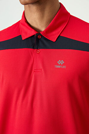 Kırmızı Polyester Nefes Alan Dokulu İnce Esnek Standart Fit Polo Yaka Erkek Performans T-Shirt - 88392