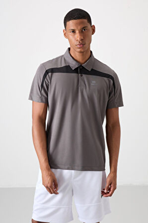 Koyu Gri Polyester Nefes Alan Dokulu İnce Esnek Standart Fit Polo Yaka Erkek Performans T-Shirt - 88392