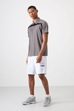 Koyu Gri Polyester Nefes Alan Dokulu İnce Esnek Standart Fit Polo Yaka Erkek Performans T-Shirt - 88392