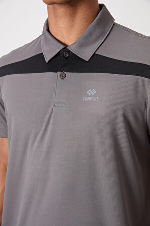 Koyu Gri Polyester Nefes Alan Dokulu İnce Esnek Standart Fit Polo Yaka Erkek Performans T-Shirt - 88392