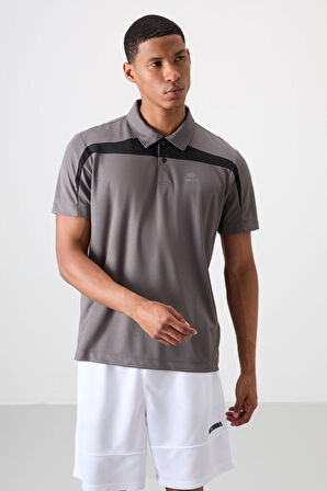 Koyu Gri Polyester Nefes Alan Dokulu İnce Esnek Standart Fit Polo Yaka Erkek Performans T-Shirt - 88392