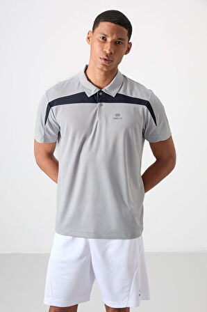 Gri Polyester Nefes Alan Dokulu İnce Esnek Standart Fit Polo Yaka Erkek Performans T-Shirt - 88392