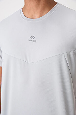 Gri Polyester Nefes Alan Dokulu İnce Esnek Standart Fit Erkek Performans T-Shirt - 88391