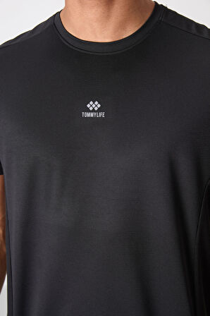 Siyah Polyester Nefes Alan Dokulu İnce Esnek Standart Fit Erkek Performans T-Shirt - 88390