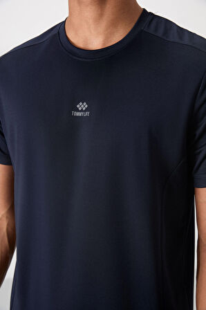 Lacivert Polyester Nefes Alan Dokulu İnce Esnek Standart Fit Erkek Performans T-Shirt - 88390