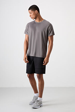 Koyu Gri Polyester Nefes Alan Dokulu İnce Esnek Standart Fit Erkek Performans T-Shirt - 88390