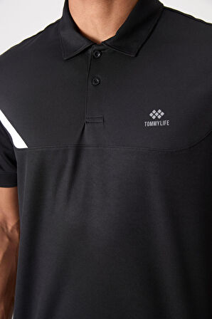 Siyah Polyester Nefes Alan Dokulu İnce Esnek Standart Fit Polo Yaka Erkek Performans T-Shirt - 88402