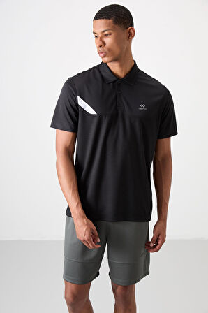 Siyah Polyester Nefes Alan Dokulu İnce Esnek Standart Fit Polo Yaka Erkek Performans T-Shirt - 88402