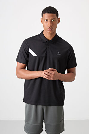 Siyah Polyester Nefes Alan Dokulu İnce Esnek Standart Fit Polo Yaka Erkek Performans T-Shirt - 88402