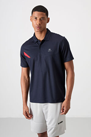 Lacivert Polyester Nefes Alan Dokulu İnce Esnek Standart Fit Polo Yaka Erkek Performans T-Shirt - 88402