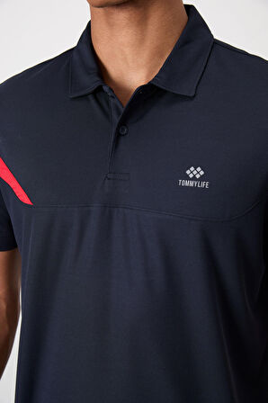 Lacivert Polyester Nefes Alan Dokulu İnce Esnek Standart Fit Polo Yaka Erkek Performans T-Shirt - 88402