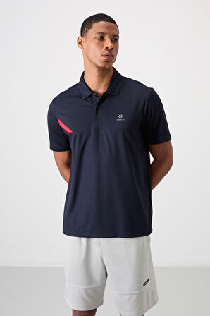 Lacivert Polyester Nefes Alan Dokulu İnce Esnek Standart Fit Polo Yaka Erkek Performans T-Shirt - 88402