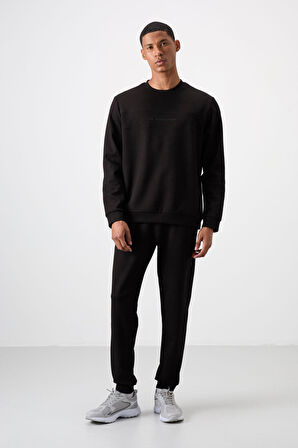 Siyah - Siyah Pamuklu Kalın Yumuşak Dokulu Comfort Fit Baskılı Erkek Eşofman Takım - 85253