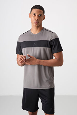 Koyu Gri Polyester Nefes Alan Dokulu İnce Esnek Standart Fit Erkek Performans T-Shirt - 88396
