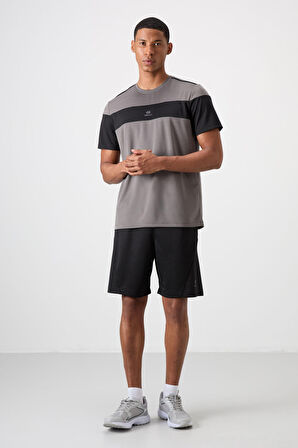 Koyu Gri Polyester Nefes Alan Dokulu İnce Esnek Standart Fit Erkek Performans T-Shirt - 88396