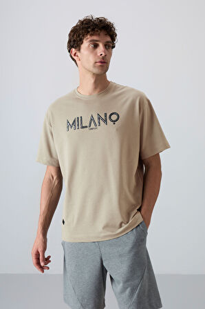 Bej Pamuklu Kalın Yumuşak Dokulu Oversize Fit Baskılı Erkek T-Shirt - 88345