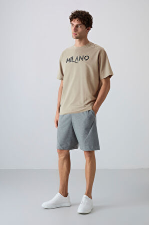 Bej Pamuklu Kalın Yumuşak Dokulu Oversize Fit Baskılı Erkek T-Shirt - 88345